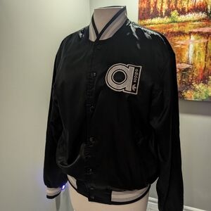 Vintage 80's Adidas Satin Puffer Bomber Black Grey Striped  Jacket Coat Small